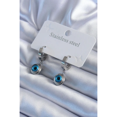 316L Çelik Gümüş Renk Nazar Boncuk Model Kadın Küpe