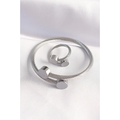 316L Çelik Gümüş Renk Oval Aksesuarlı Burgu Model Bileklik ve Yüzük Kombini