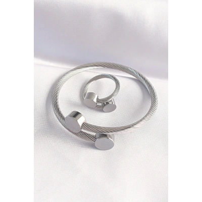 316L Çelik Gümüş Renk Oval Aksesuarlı Burgu Model Bileklik ve Yüzük Kombini