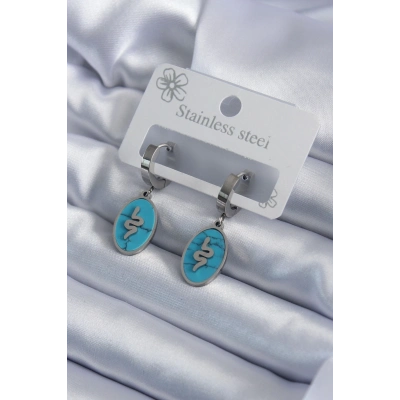 316L Çelik Gümüş Renk Oval Mavi Taşlı Yılan Figür Kadın Küpe