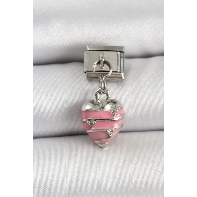 316L Çelik Gümüş Renk Pembe Kalp Model Nomination Charm