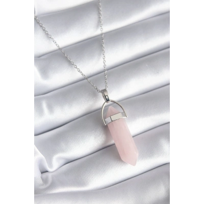 316L Çelik Gümüş Renk Pembe Taşlı Kadın Kolye