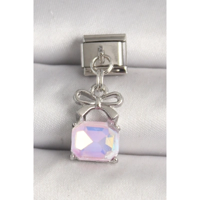 316L Çelik Gümüş Renk Pembe Zirkon Taşlı Çanta Model Nomination Charm