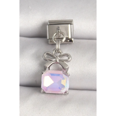 316L Çelik Gümüş Renk Pembe Zirkon Taşlı Çanta Model Nomination Charm