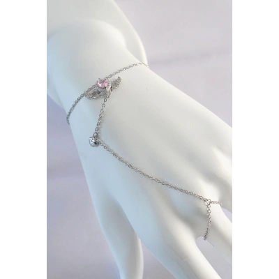 316L Çelik Gümüş Renk Pembe Zirkon Taşlı Kanatlı Kalp Model Şahmeran