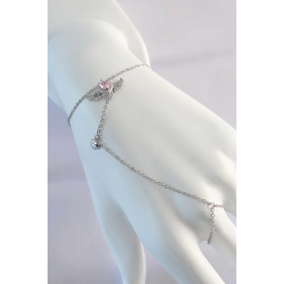 316L Çelik Gümüş Renk Pembe Zirkon Taşlı Kanatlı Kalp Model Şahmeran