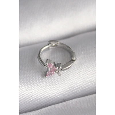 316L Çelik Gümüş Renk Pembe Zirkon Taşlı Kelebek Model Tragus Piercing