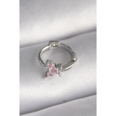 316L Çelik Gümüş Renk Pembe Zirkon Taşlı Kelebek Model Tragus Piercing