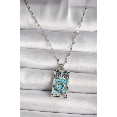 316L Çelik Gümüş Renk Pembe Zirkon Taşlı Taç Kalp Portre Model Kadın Kole