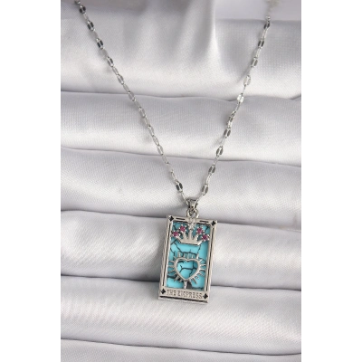 316L Çelik Gümüş Renk Pembe Zirkon Taşlı Taç Kalp Portre Model Kadın Kole