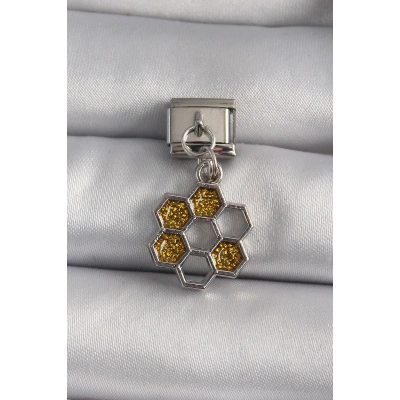 316L Çelik Gümüş Renk Sallantı Simli Bal Beteği Model Nomination Charm