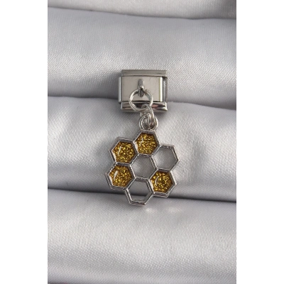 316L Çelik Gümüş Renk Sallantı Simli Bal Beteği Model Nomination Charm