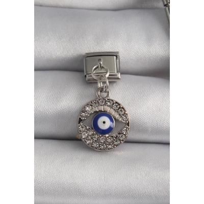 316L Çelik Gümüş Renk Sallantı Zirkon Taşlı Göz Model Nazar Boncuk Detay Nomination Charm