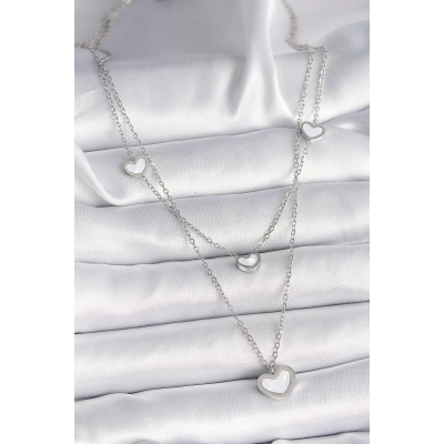 316L Çelik Gümüş Renk Zincir 2Li Zincir Kalp Model Kadın Kolye