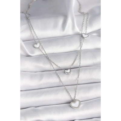 316L Çelik Gümüş Renk Zincir 2Li Zincir Kalp Model Kadın Kolye