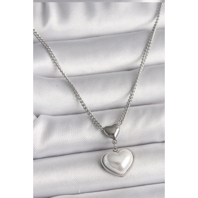 316L Çelik Gümüş Renk Zincir 3D Kalp Model Kadın Kolye