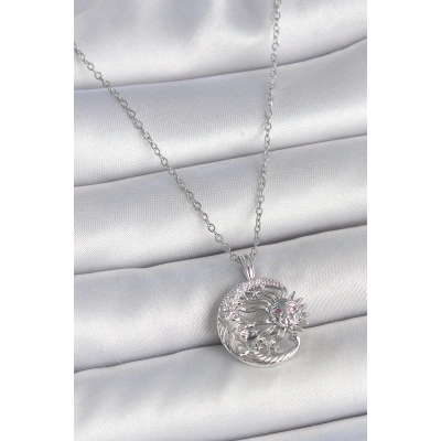 316L Çelik Gümüş Renk Zincir Ay Güneş Model Zirkon Taş Detay Kadın Kolye