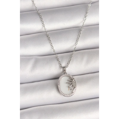 316L Çelik Gümüş Renk Zincir Beyaz Mineli Gün Batımı Model Zirkon Taş Detaylı Kadın Kolye