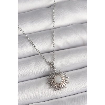 316L Çelik Gümüş Renk Zincir Beyaz Mineli Güneş Model Kadın Kolye