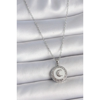 316L Çelik Gümüş Renk Zincir Beyaz Mineli Hilal İşlemeli Madalyon Model Kadın Kolye