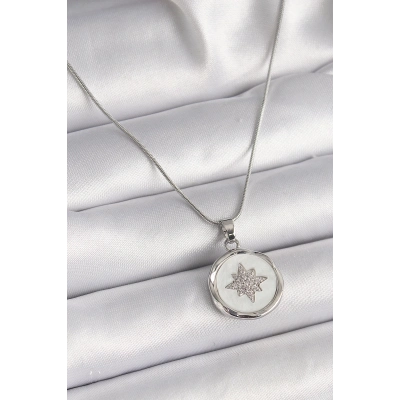 316L Çelik Gümüş Renk Zincir Beyaz Sedefli Zirkon Taşlı Yıldız İşleme Model Kadın Kolye