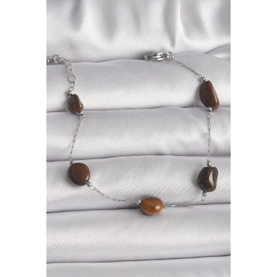 316L Çelik Gümüş Renk Zincir Kahverengi Doğaltaş Model Kadın Bileklik