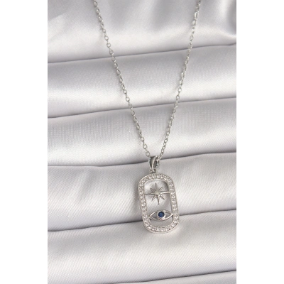316L Çelik Gümüş Renk Zincir Zirkon Taşlı Göz Yıldız Model Kadın Kolye