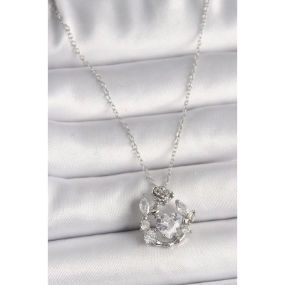 316L Çelik Gümüş Renk Zincir Zirkon Taşlı Kalp Figür Gül Detay Kadın Kolye