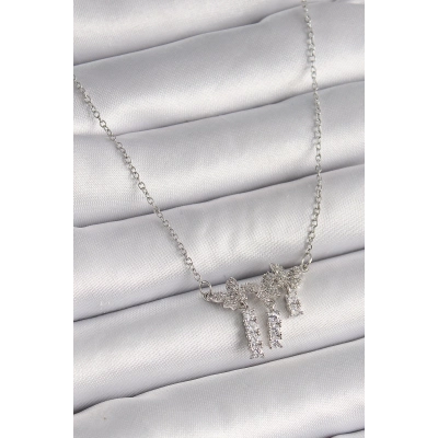 316L Çelik Gümüş Renk Zincir Zirkon Taşlı Kelebek Model Sallantı Detay Kadın Kolye