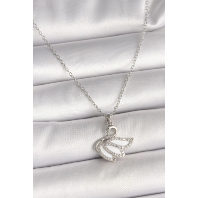 316L Çelik Gümüş Renk Zincir Zirkon Taşlı Kuğu Model Kadın Kolye