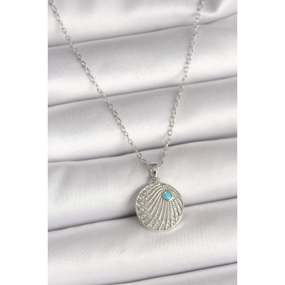316L Çelik Gümüş Renk Zincir Zirkon Taşlı Mavi Taş Detaylı Madalyon Model Kadın Kolye