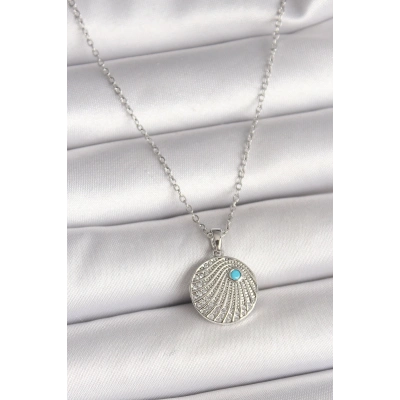316L Çelik Gümüş Renk Zincir Zirkon Taşlı Mavi Taş Detaylı Madalyon Model Kadın Kolye