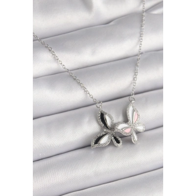 316L Çelik Gümüş Renk Zincir Zirkon Taşlı Renkli Kelebek Model Kadın Kolye