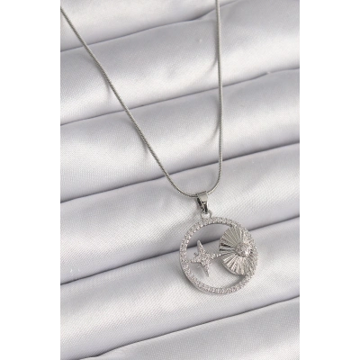 316L Çelik Gümüş Renk Zincir Zirkon Taşlı Yıldız Madalyon Model Kadın Kolye