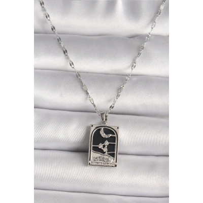 316L Çelik Gümüş Renk Zirkon Taşlı  Ay Figürlü Taror Model Kadın Kolye