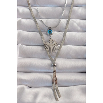 316L Çelik Gümüş Renk Zirkon Taşlı Göz Detay Nazarlı Uzun Asansör Model Kolye