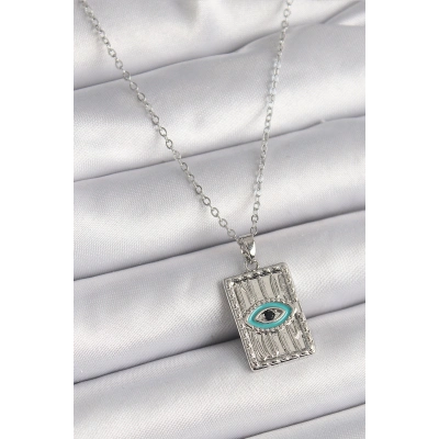316L Çelik Gümüş Renk Zirkon Taşlı Göz İşleme Detaylı Plaka Model Kadın Kolye