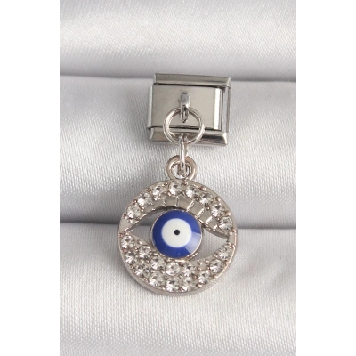 316L Çelik Gümüş Renk Zirkon Taşlı Göz Model Nazar Boncuk Detay Nomination Charm