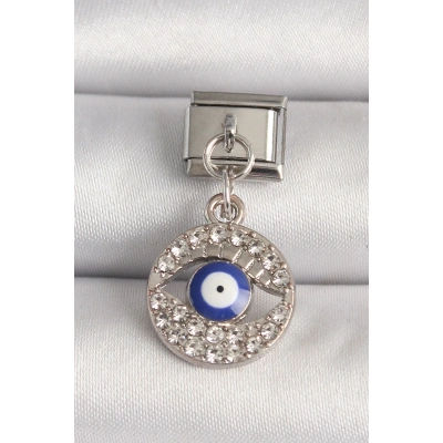 316L Çelik Gümüş Renk Zirkon Taşlı Göz Model Nazar Boncuk Detay Nomination Charm