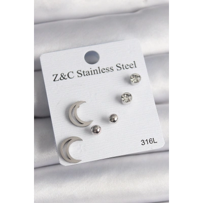 316L Çelik Gümüş Renk Zirkon Taşlı Hilal Model Kadın Küpe Seti