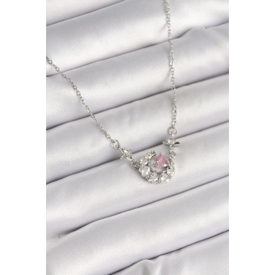 316L Çelik Gümüş Renk Zirkon Taşlı Hilal Pembe Kalp Model Kadın Kolye