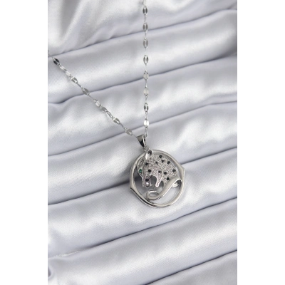 316L Çelik Gümüş Renk Zirkon Taşlı Jaguar Model Kadın Kolye