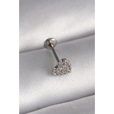 316L Çelik Gümüş Renk Zirkon Taşlı Kalp Model Tragus Piercing