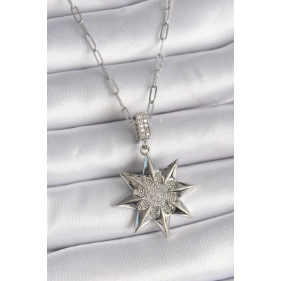 316L Çelik Gümüş Renk Zirkon Taşlı Kutup Yıldızı Model Kadın Kolye