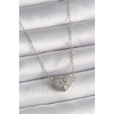316L Çelik Gümüş Renk Zirkon Taşlı Mıknatıslı Kalp Model Kadın Kolye