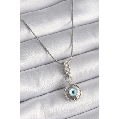 316L Çelik Gümüş Renk Zirkon Taşlı Nazar Boncuk Model Kadın Kolye