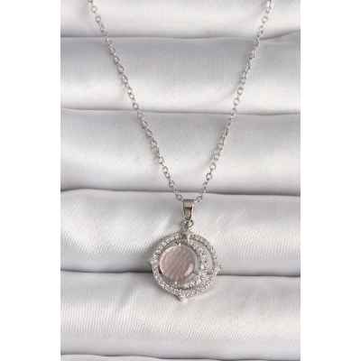 316L Çelik Gümüş Renk Zirkon Taşlı Pembe Sedefli Hilal Model Kadın Kolye