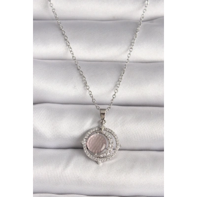 316L Çelik Gümüş Renk Zirkon Taşlı Pembe Sedefli Hilal Model Kadın Kolye