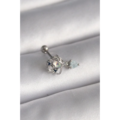 316L Çelik Gümüş Renk Zirkon Taşlı Sallantı Kalp Detay Tragus Piercing