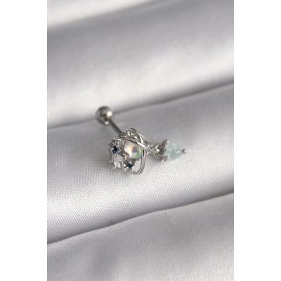 316L Çelik Gümüş Renk Zirkon Taşlı Sallantı Kalp Detay Tragus Piercing